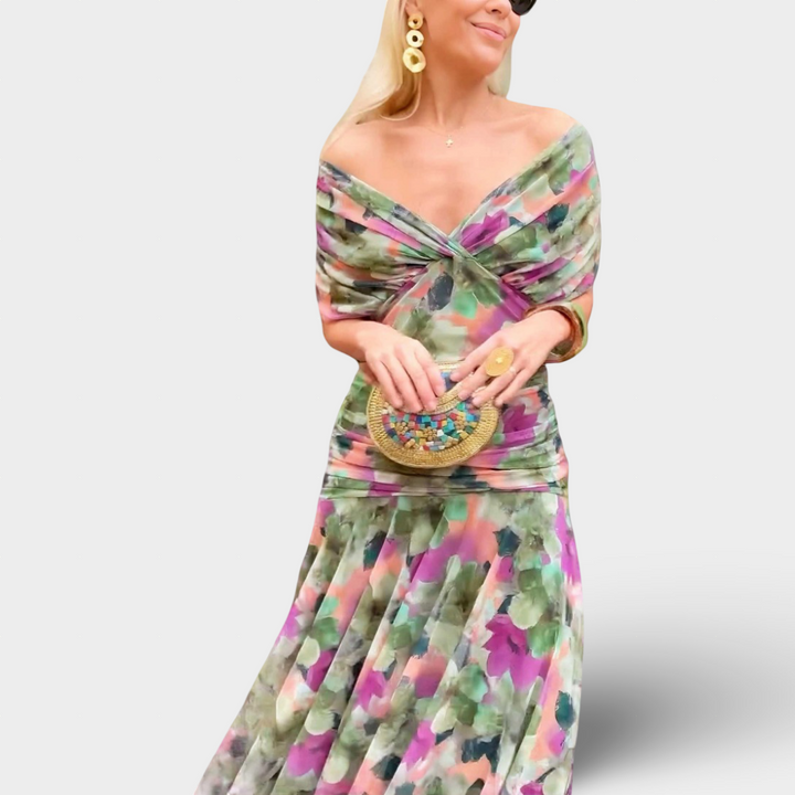 Florendra - Dlouhé šaty s květinovým vzorem a výstřihem do V